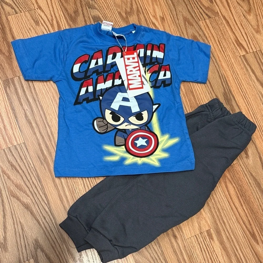 NEW Zara kids Marvel Captain America Blue Graphic Tee gray sweatpants size 18/24